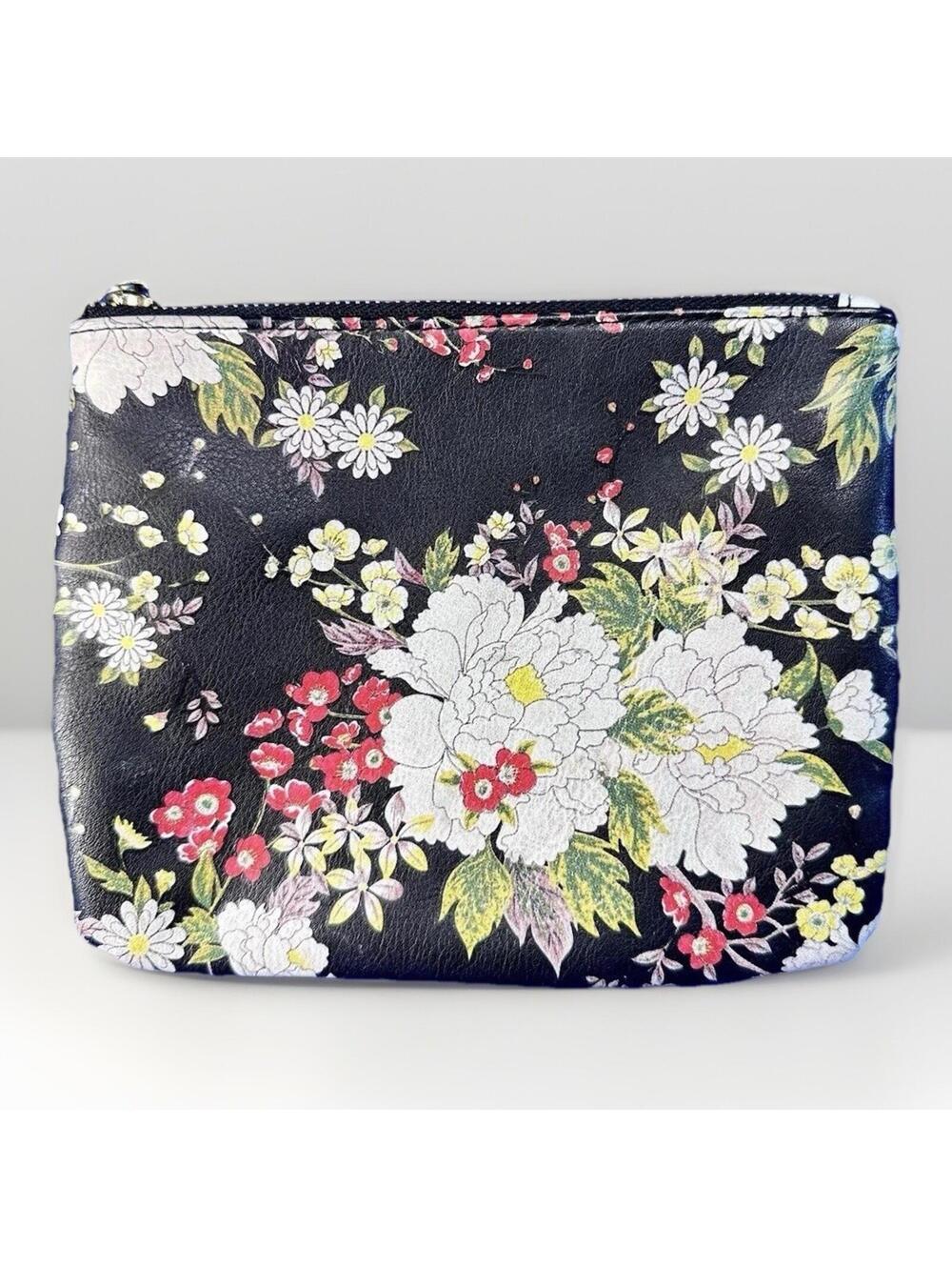 BIG BUDDHA Floral Cosmetic Bag Black Faux Leather Makeup Travel Pouch